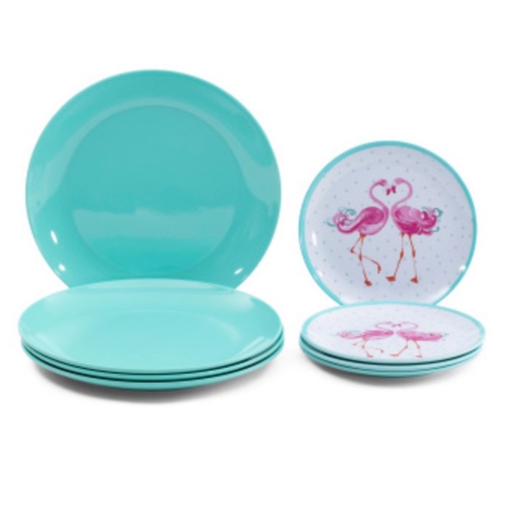 LAURA ASHLEY 8pc Pink Flamingo Melamine Dinnerware Set
